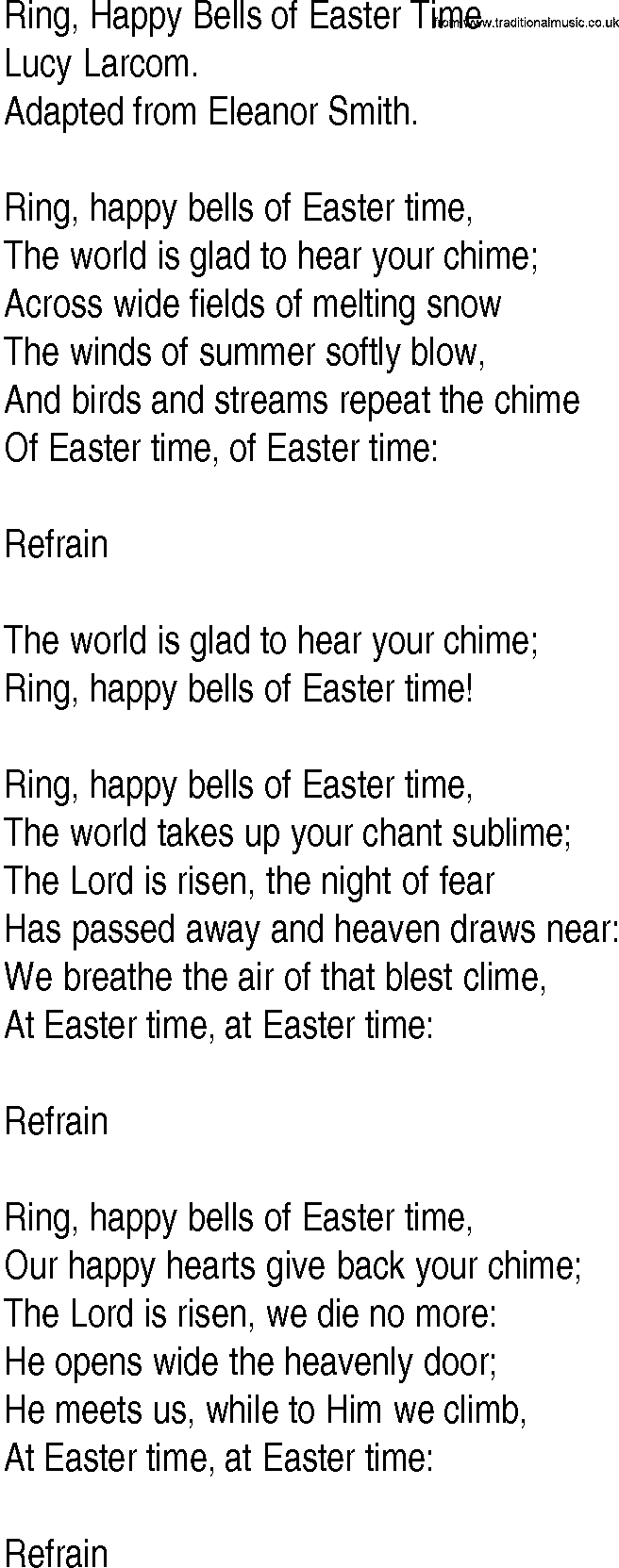 Hymn and Gospel Song: Ring, Happy Bells of Easter Time by Lucy Larcom lyrics