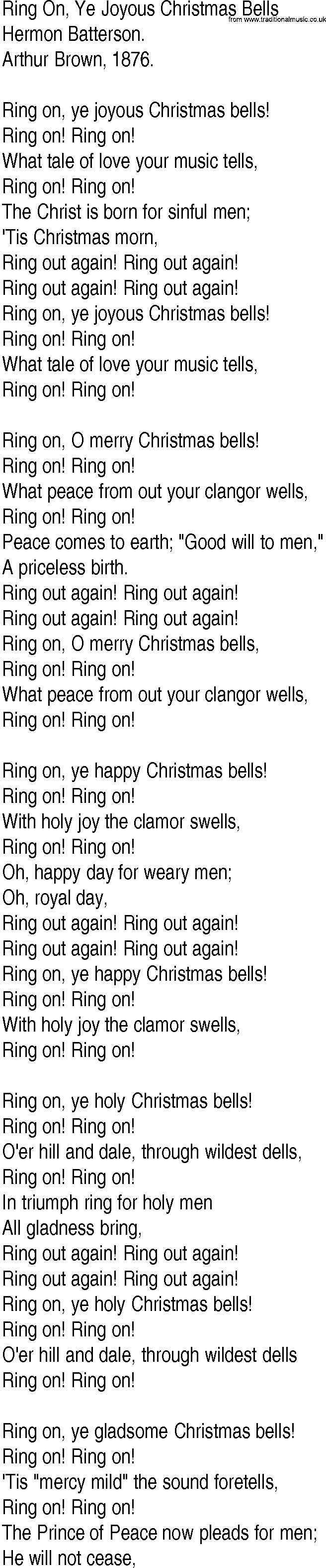 Hymn and Gospel Song: Ring On, Ye Joyous Christmas Bells by Hera�mon Bata�tera�son lyrics