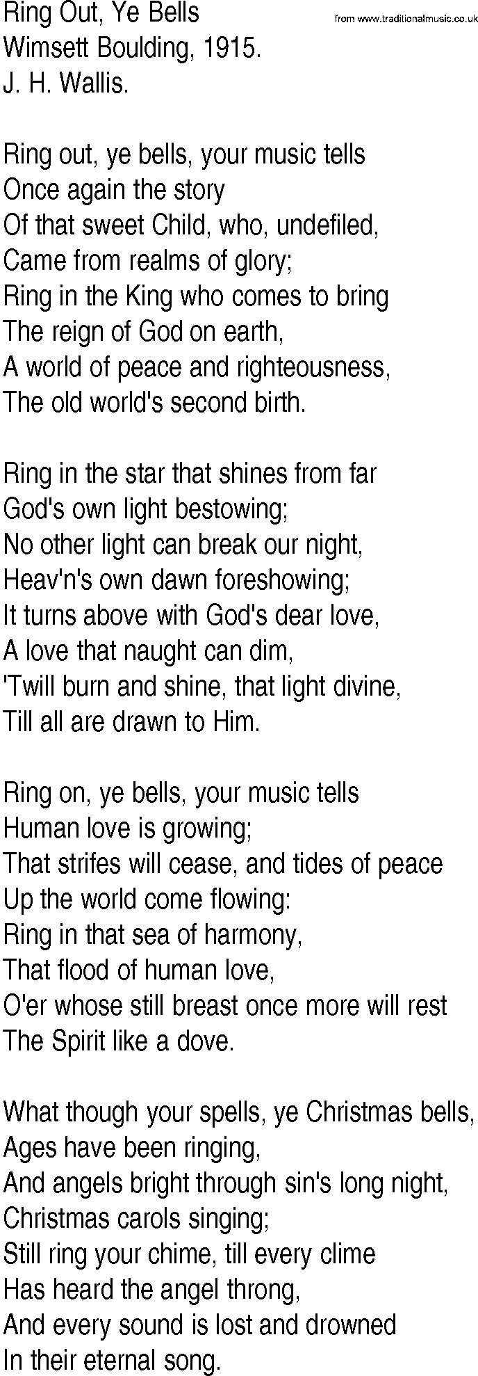Hymn and Gospel Song: Ring Out, Ye Bells by Wimsett Boulding lyrics