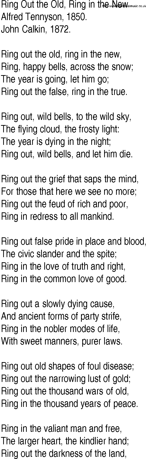 Hymn and Gospel Song: Ring Out the Old, Ring in the New by Alfred Tennyson lyrics