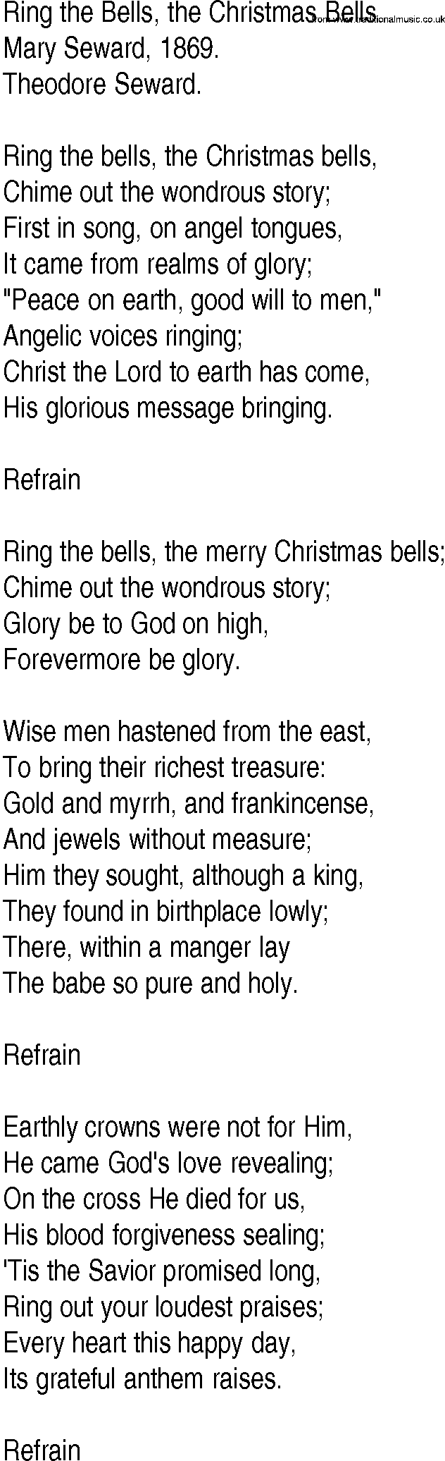 Hymn and Gospel Song Lyrics for Ring the Bells, the Christmas Bells by Mary Seward