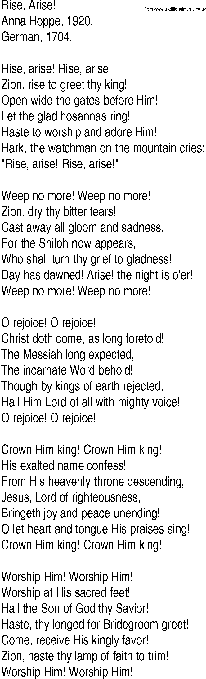 Hymn and Gospel Song: Rise, Arise! by Anna Hoppe lyrics
