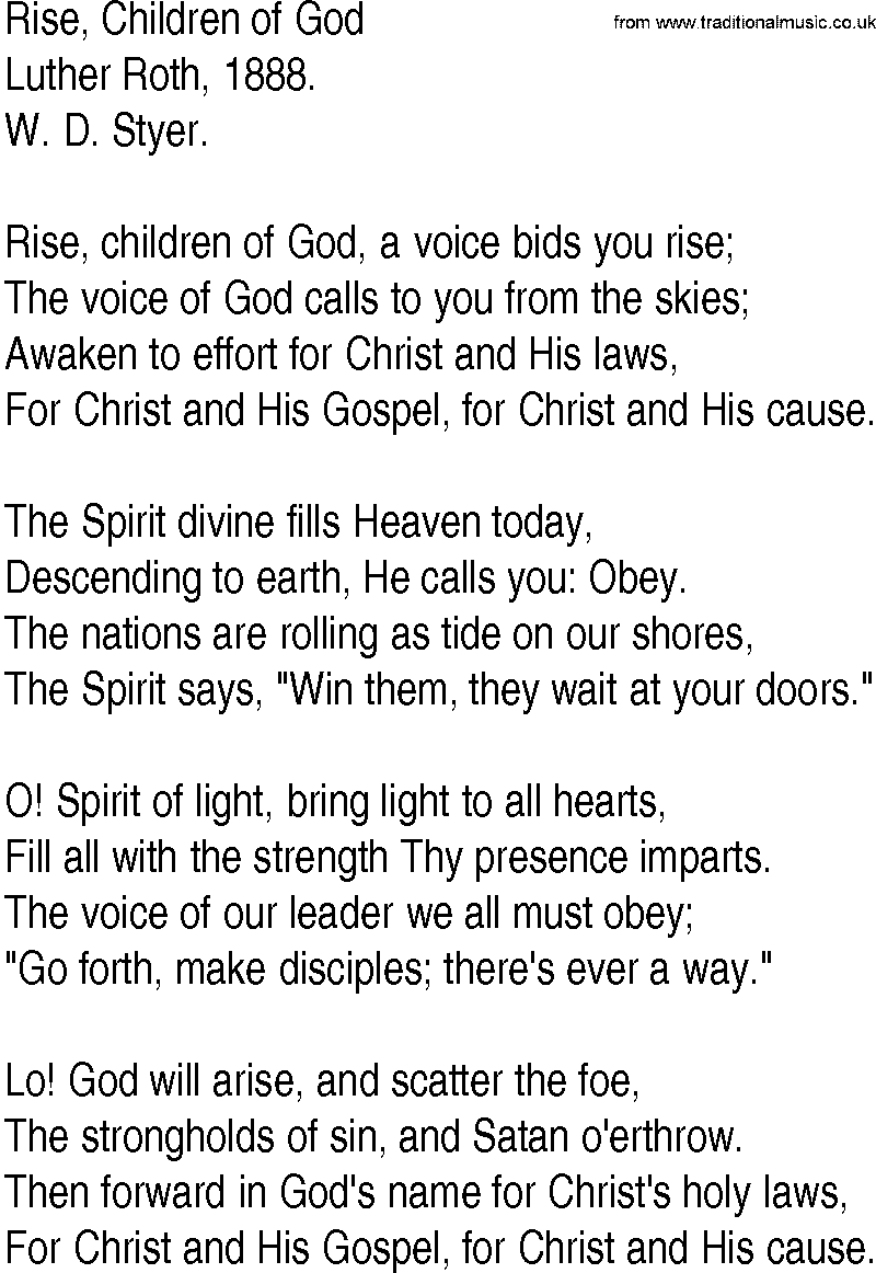 Hymn and Gospel Song: Rise, Children of God by Luther Roth lyrics
