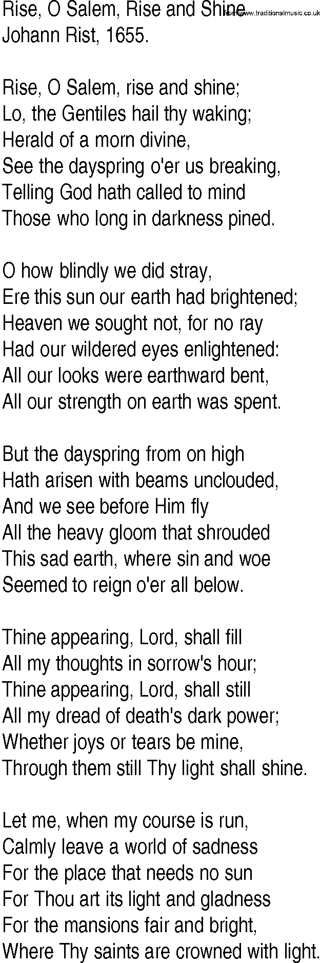 Hymn and Gospel Song: Rise, O Salem, Rise and Shine by Johann Rist lyrics