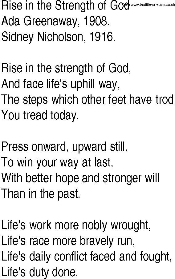 Hymn and Gospel Song: Rise in the Strength of God by Ada Greenaway lyrics