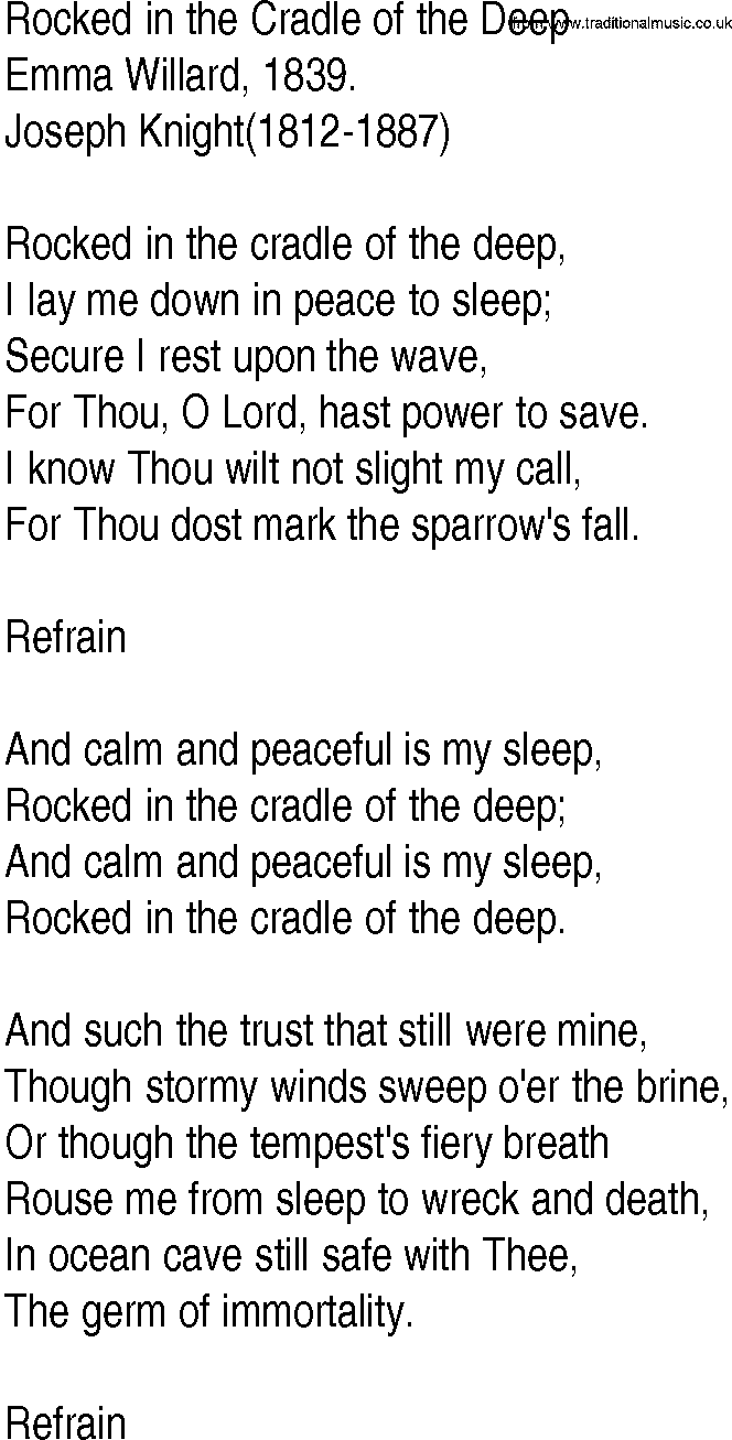 Hymn and Gospel Song: Rocked in the Cradle of the Deep by Emma Willard lyrics