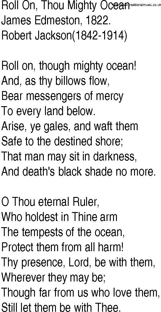 Hymn and Gospel Song: Roll On, Thou Mighty Ocean by James Edmeston lyrics