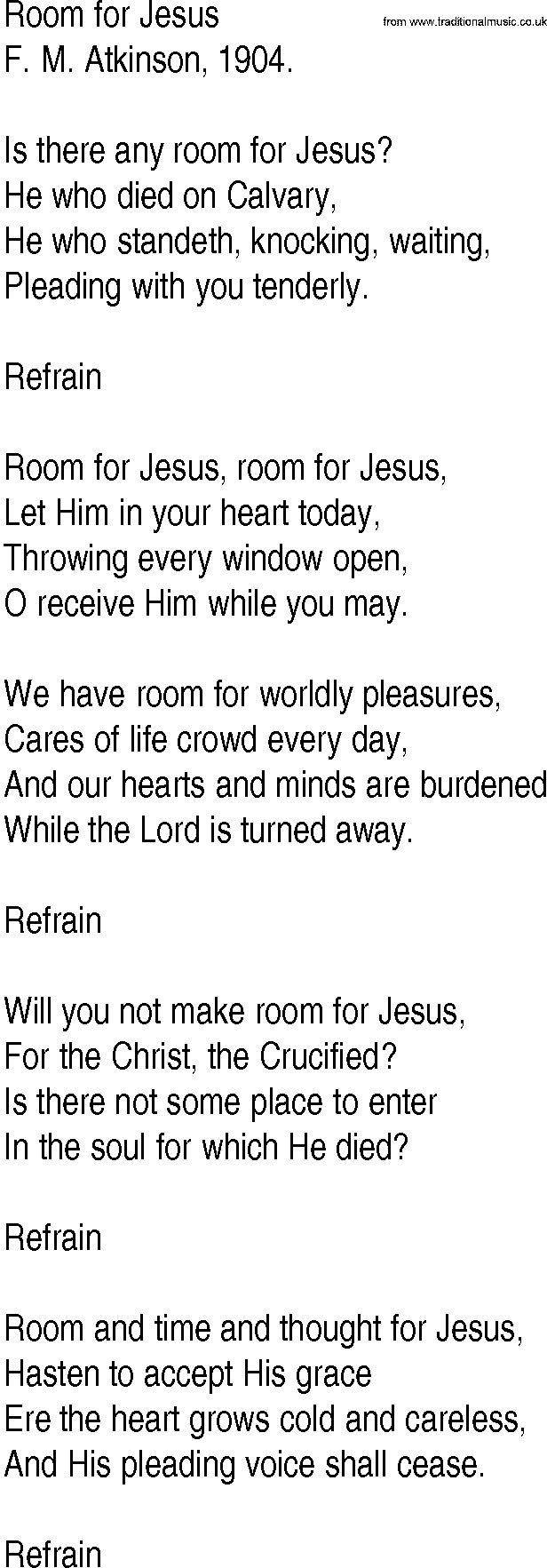 Hymn and Gospel Song: Room for Jesus by F M Atkinson lyrics