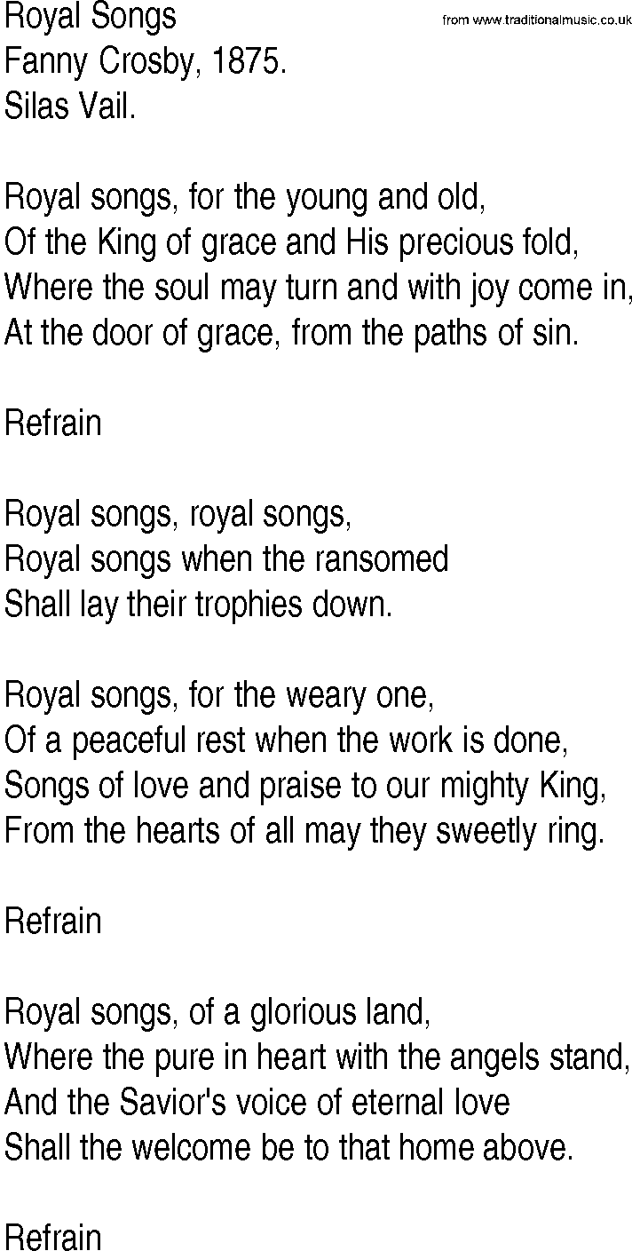 Hymn and Gospel Song: Royal Songs by Fanny Crosby lyrics