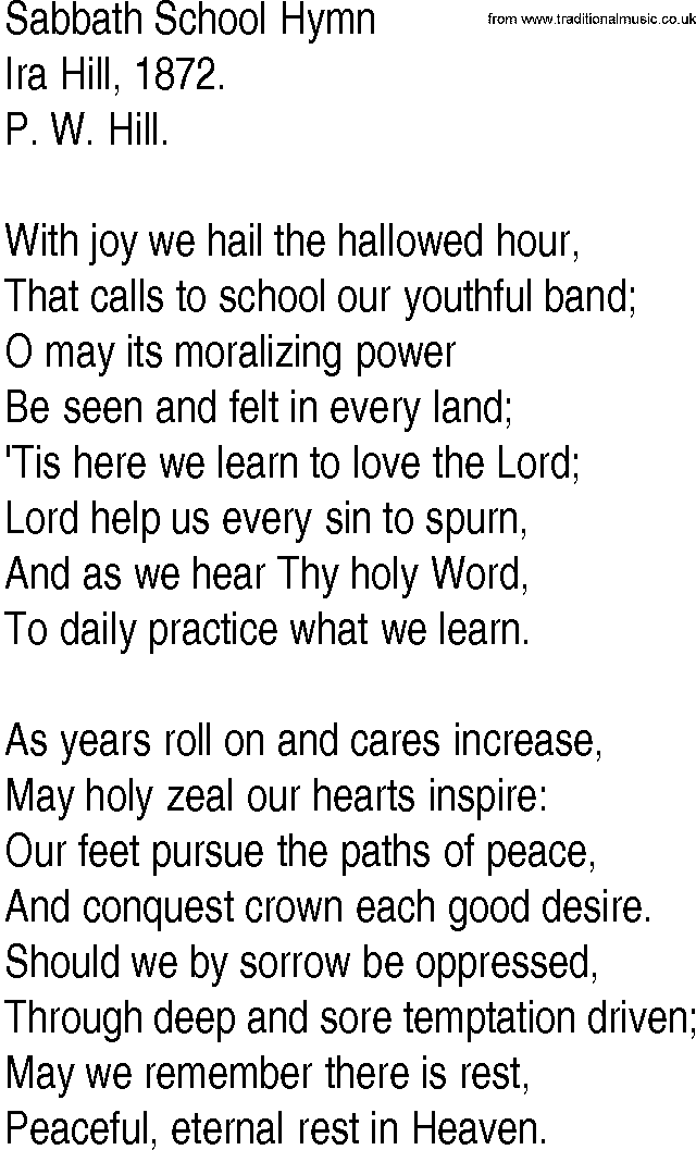 Hymn and Gospel Song: Sabbath School Hymn by Ira Hill lyrics