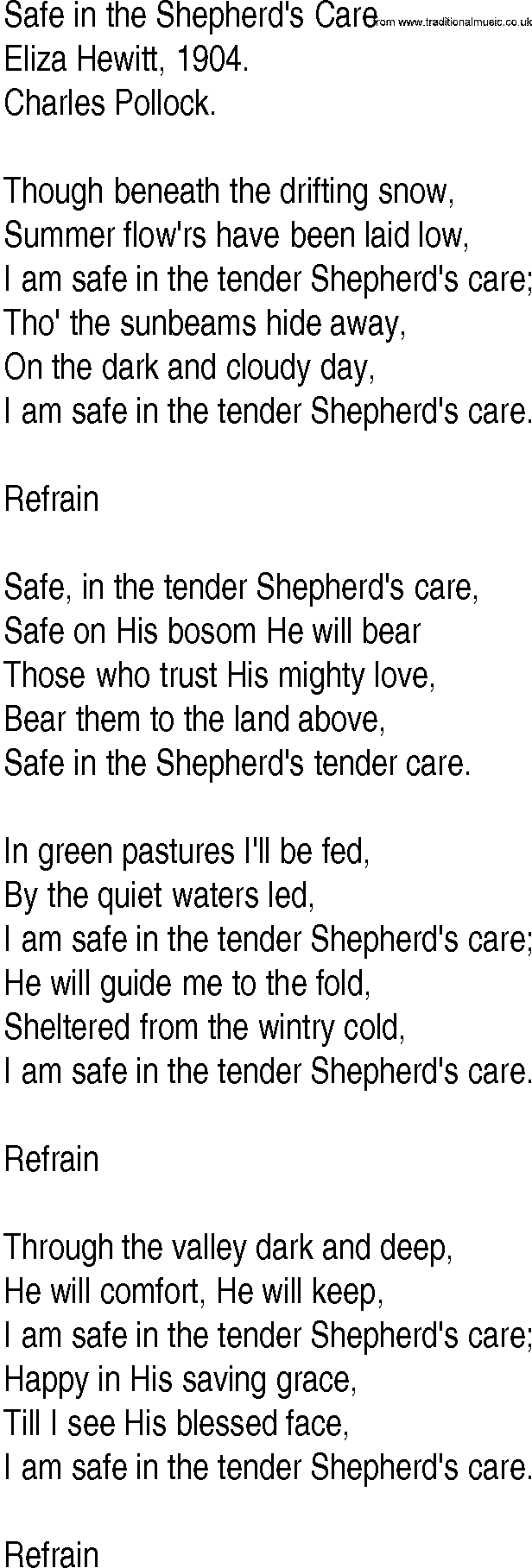 Hymn and Gospel Song: Safe in the Shepherd's Care by Eliza Hewitt lyrics