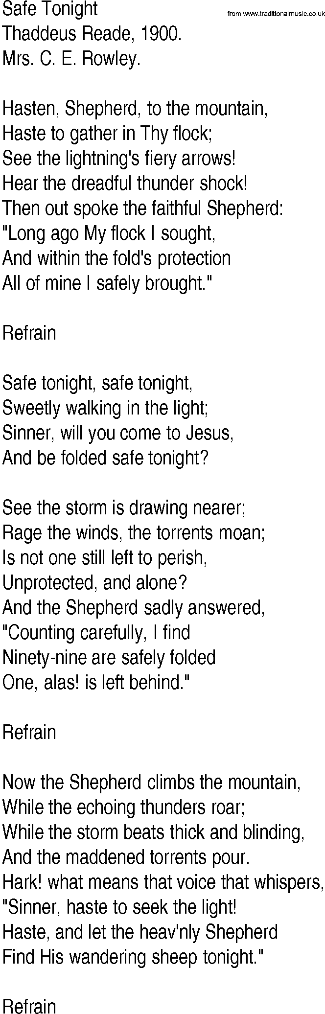 Hymn and Gospel Song: Safe Tonight by Thaddeus Reade lyrics