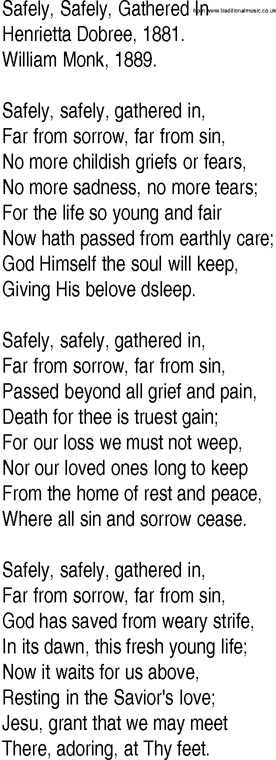 Hymn and Gospel Song: Safely, Safely, Gathered In by Henrietta Dobree lyrics