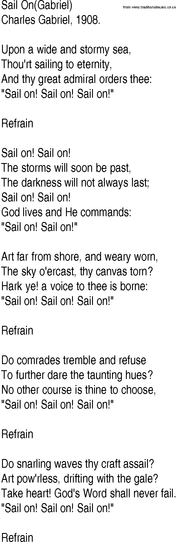 Hymn and Gospel Song: Sail On(Gabriel) by Charles Gabriel lyrics