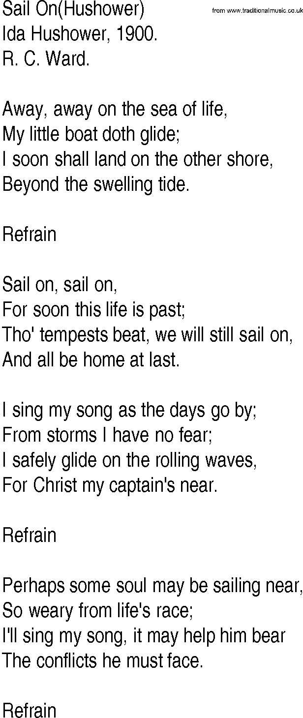 Hymn and Gospel Song: Sail On(Hushower) by Ida Hushower lyrics