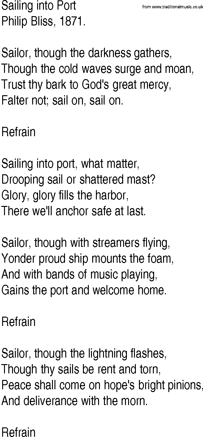 Hymn and Gospel Song: Sailing into Port by Philip Bliss lyrics