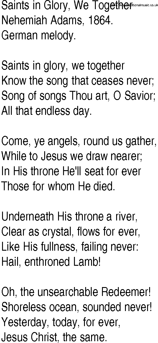 Hymn and Gospel Song: Saints in Glory, We Together by Nehemiah Adams lyrics