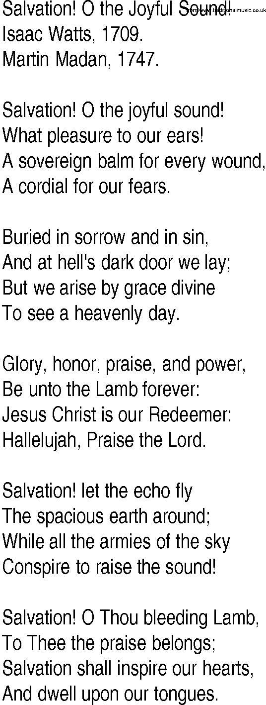 Hymn and Gospel Song: Salvation! O the Joyful Sound! by Isaac Watts lyrics