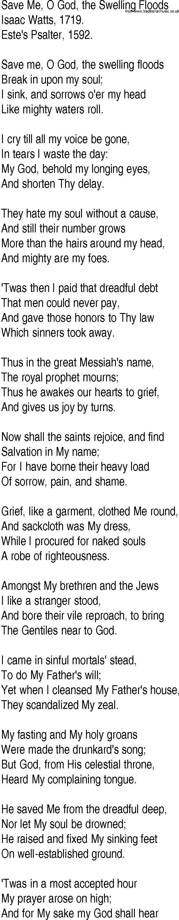 Hymn and Gospel Song: Save Me, O God, the Swelling Floods by Isaac Watts lyrics