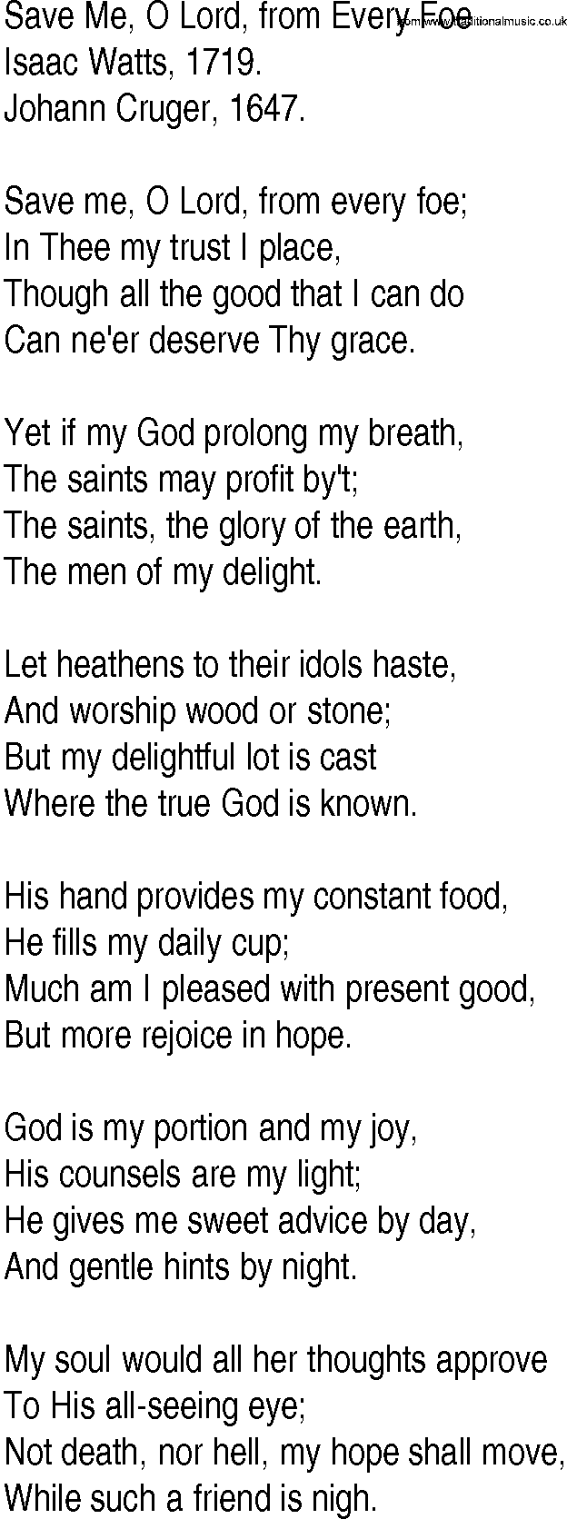 Hymn and Gospel Song: Save Me, O Lord, from Every Foe by Isaac Watts lyrics