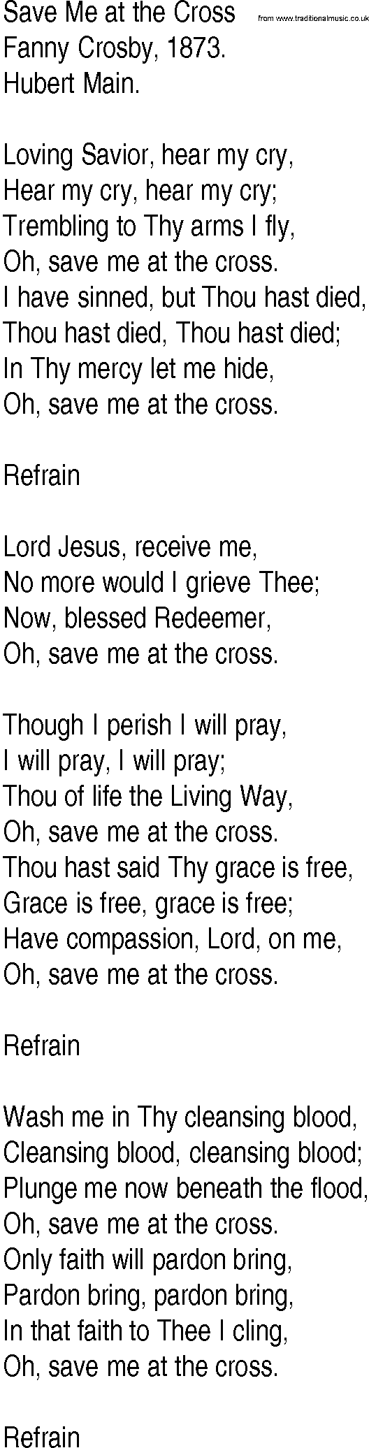 Hymn and Gospel Song: Save Me at the Cross by Fanny Crosby lyrics