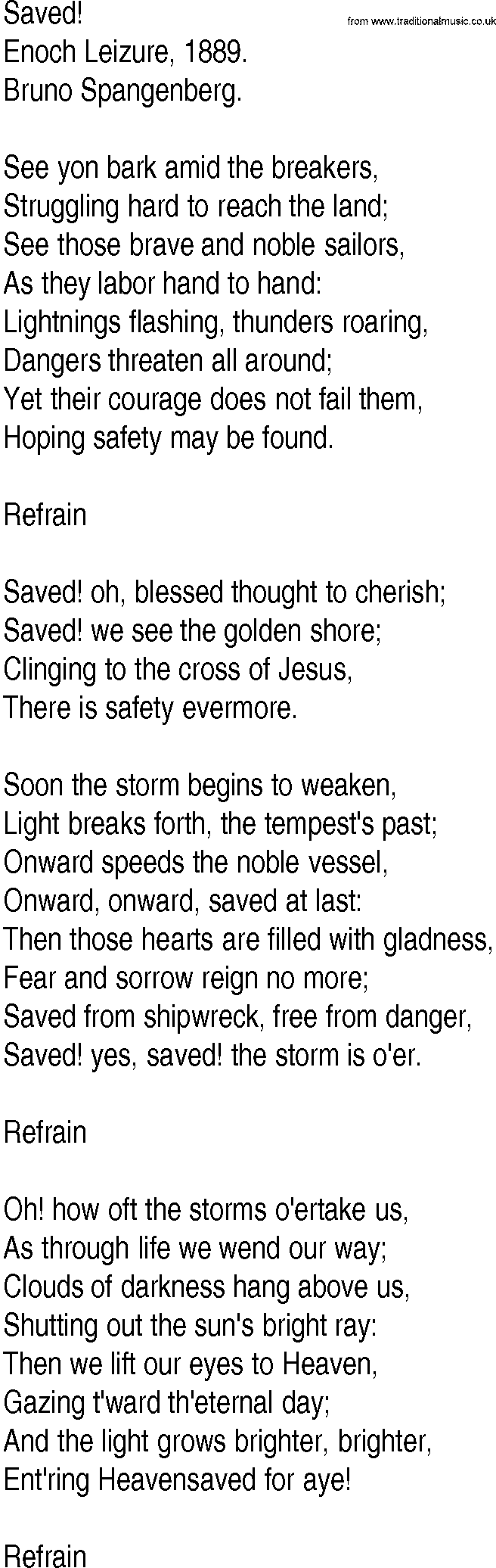 Hymn and Gospel Song: Saved! by Enoch Leizure lyrics