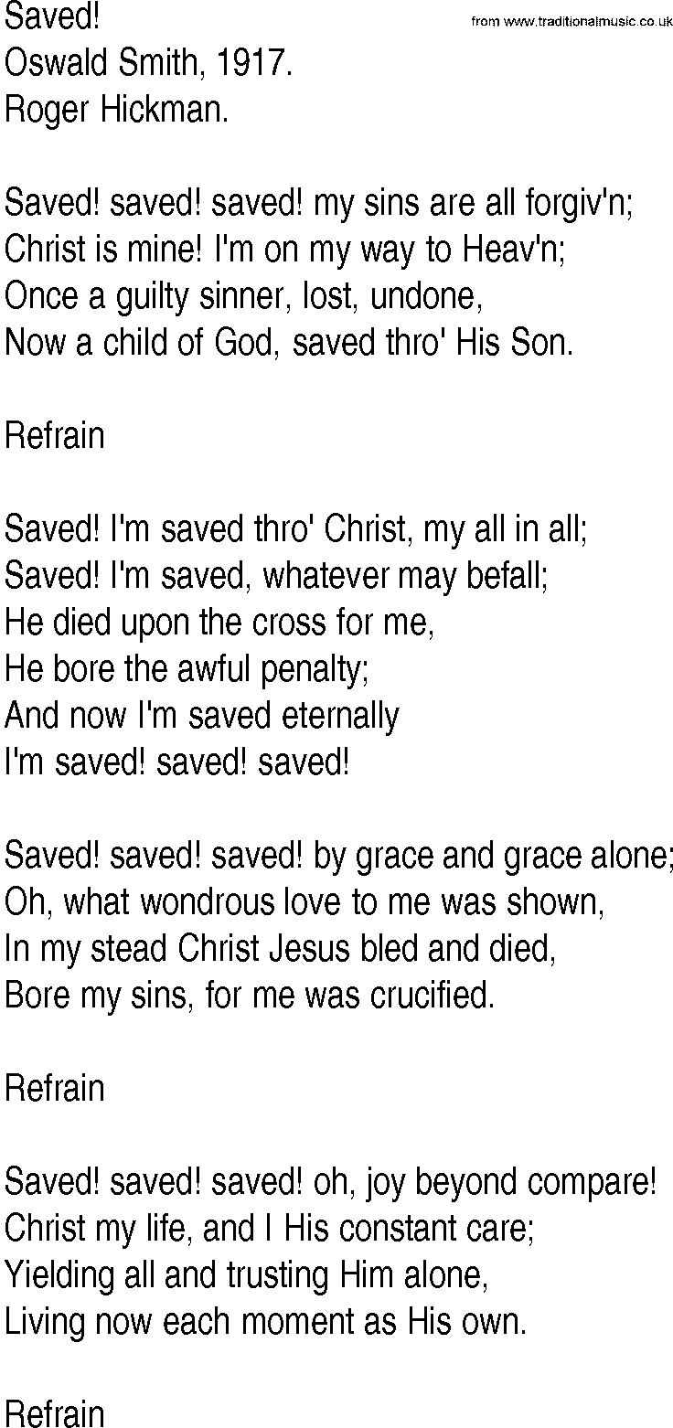 Hymn and Gospel Song: Saved! by Oswald Smith lyrics