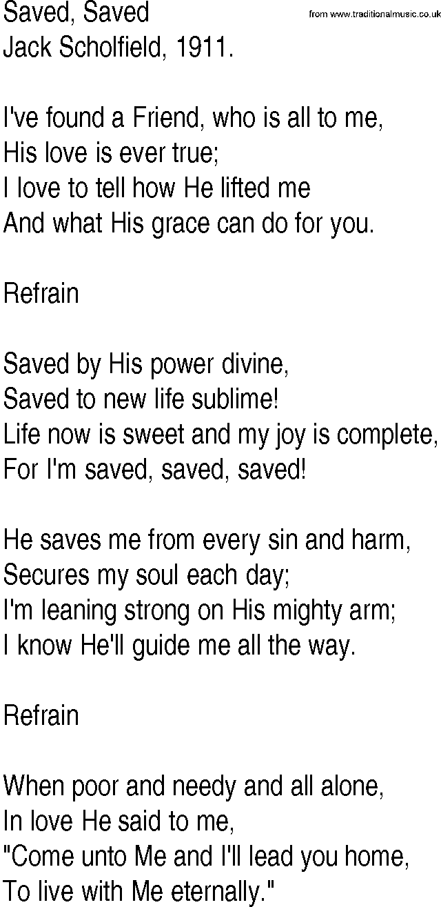 Hymn and Gospel Song: Saved, Saved by Jack Scholfield lyrics
