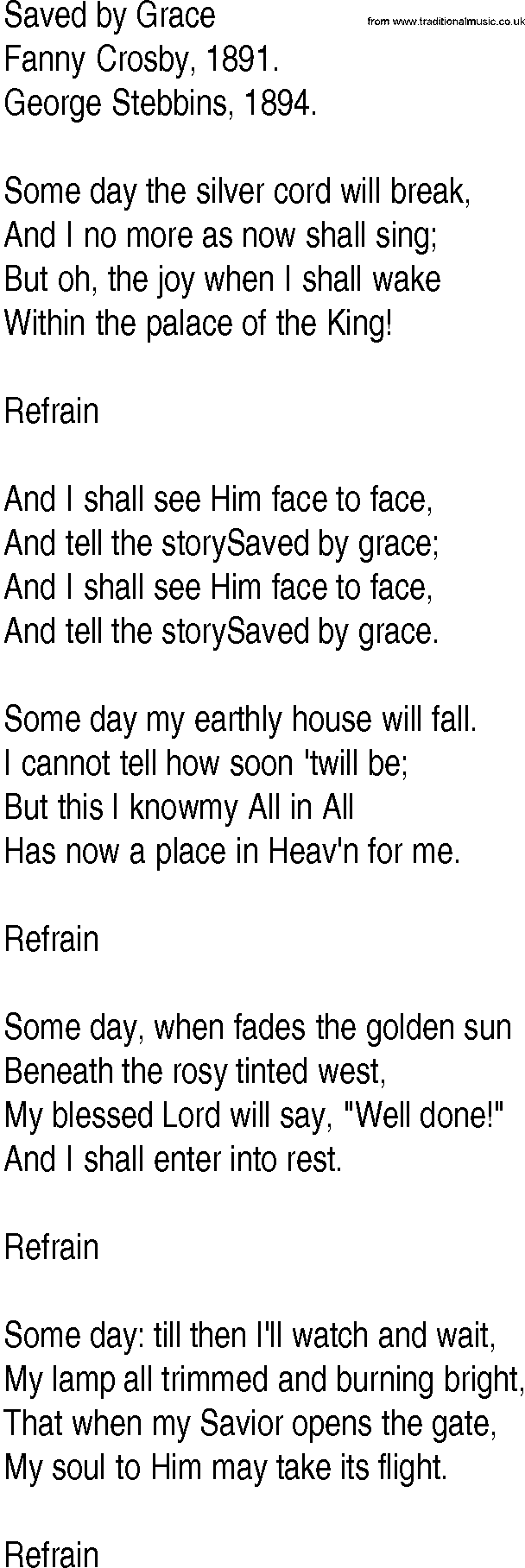 Hymn and Gospel Song: Saved by Grace by Fanny Crosby lyrics