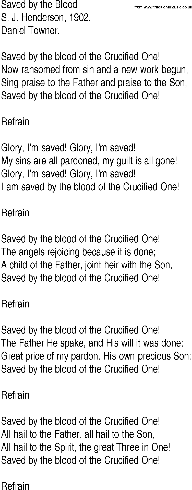 Hymn and Gospel Song: Saved by the Blood by S J Henderson lyrics