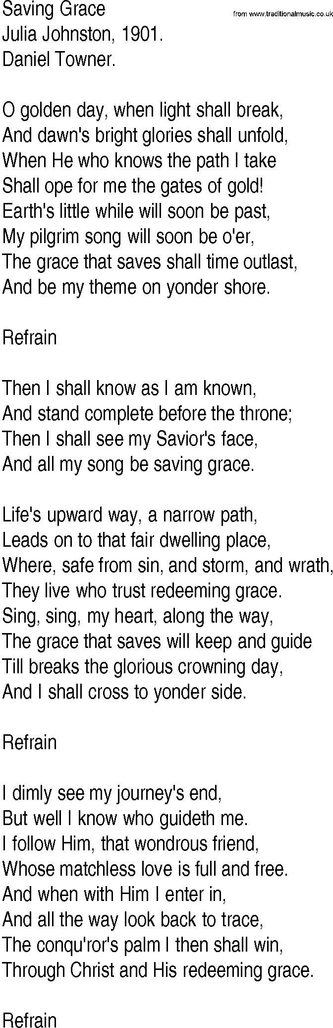 Hymn and Gospel Song: Saving Grace by Julia Johnston lyrics