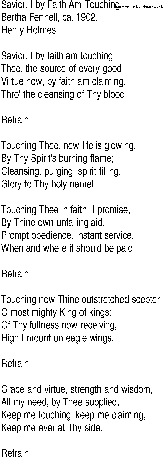 Hymn and Gospel Song: Savior, I by Faith Am Touching by Bertha Fennell ca lyrics