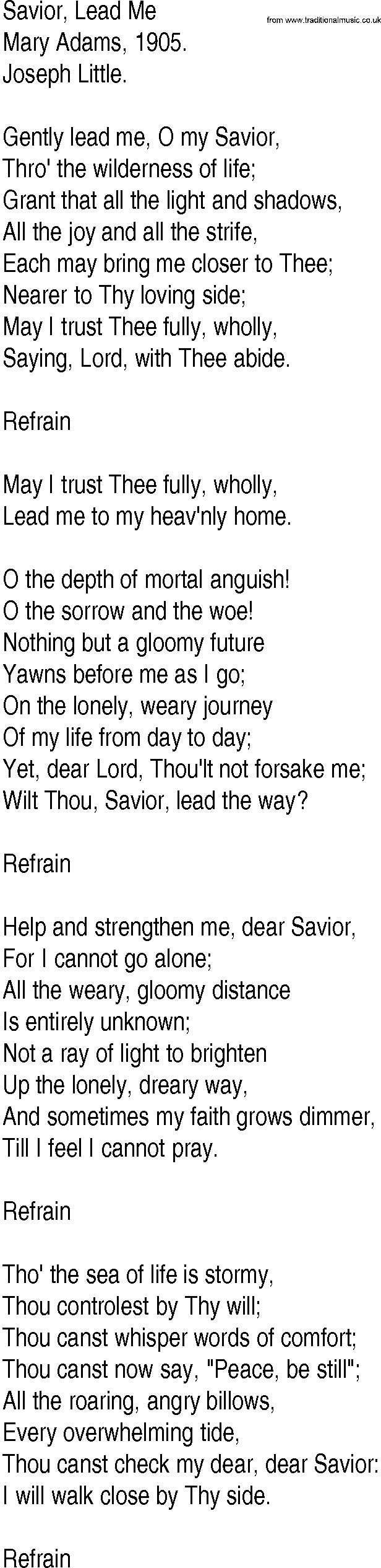 Hymn and Gospel Song: Savior, Lead Me by Mary Adams lyrics