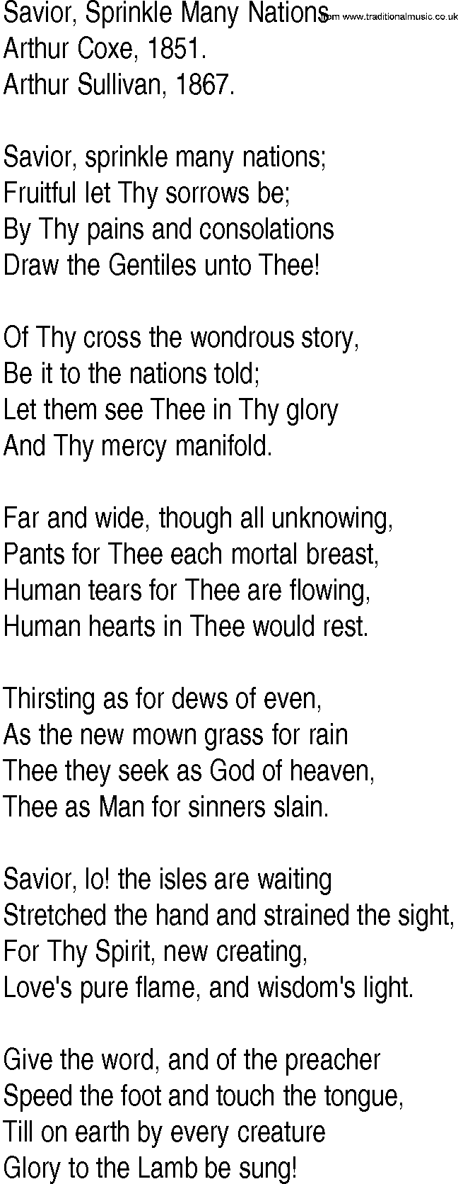 Hymn and Gospel Song: Savior, Sprinkle Many Nations by Arthur Coxe lyrics