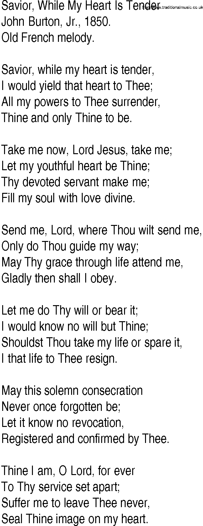 Hymn and Gospel Song: Savior, While My Heart Is Tender by John Burton Jr lyrics