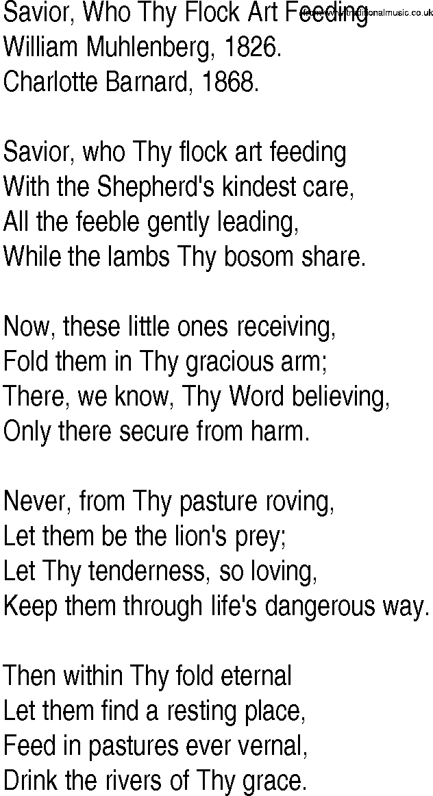 Hymn and Gospel Song: Savior, Who Thy Flock Art Feeding by William Muhlenberg lyrics