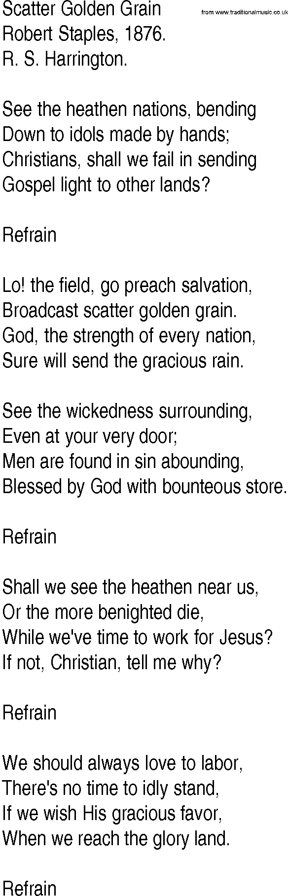 Hymn and Gospel Song: Scatter Golden Grain by Robert Staples lyrics
