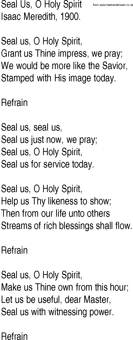 Hymn and Gospel Song: Seal Us, O Holy Spirit by Isaac Meredith lyrics