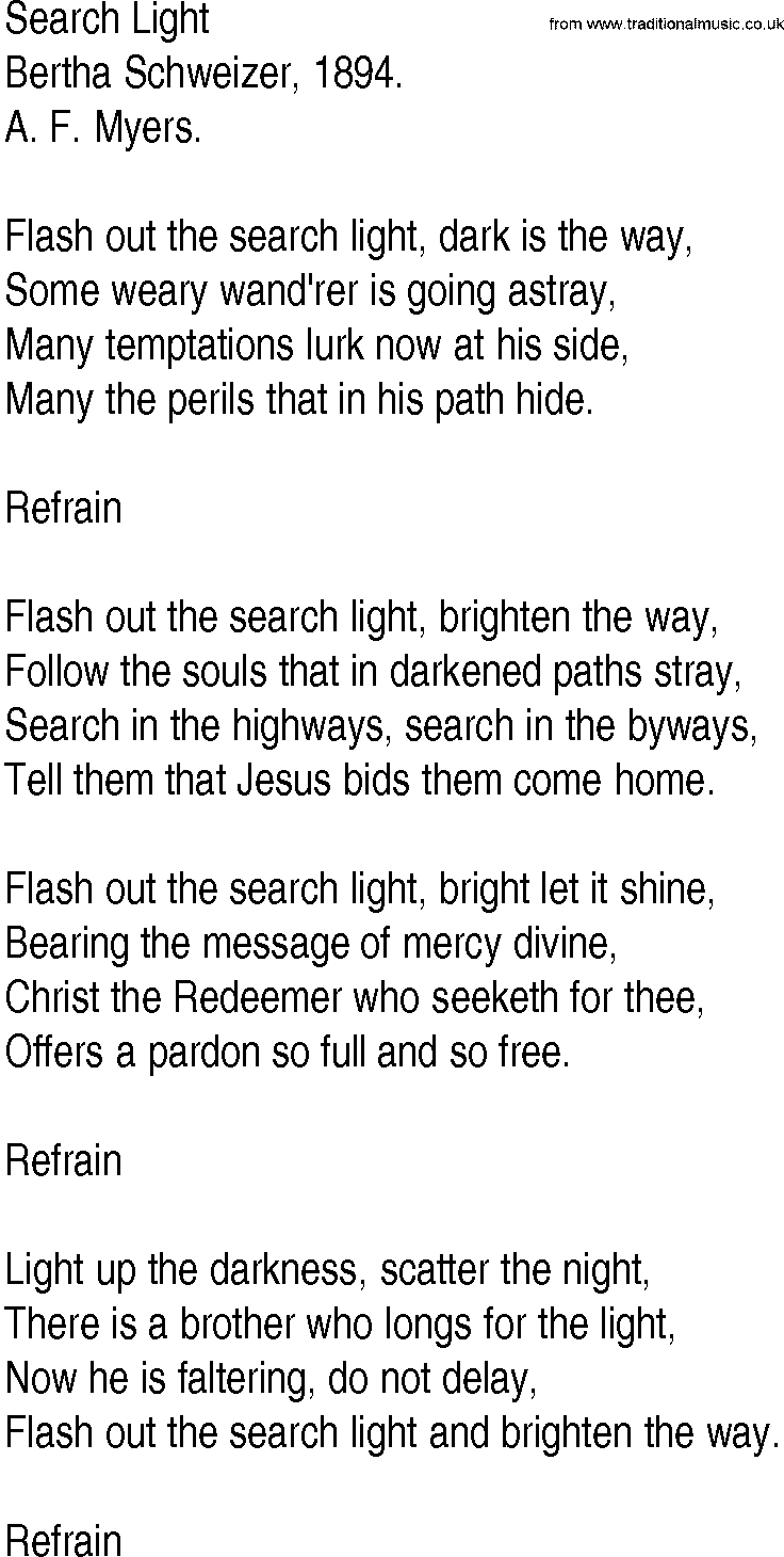 Hymn and Gospel Song: Search Light by Bertha Schweizer lyrics