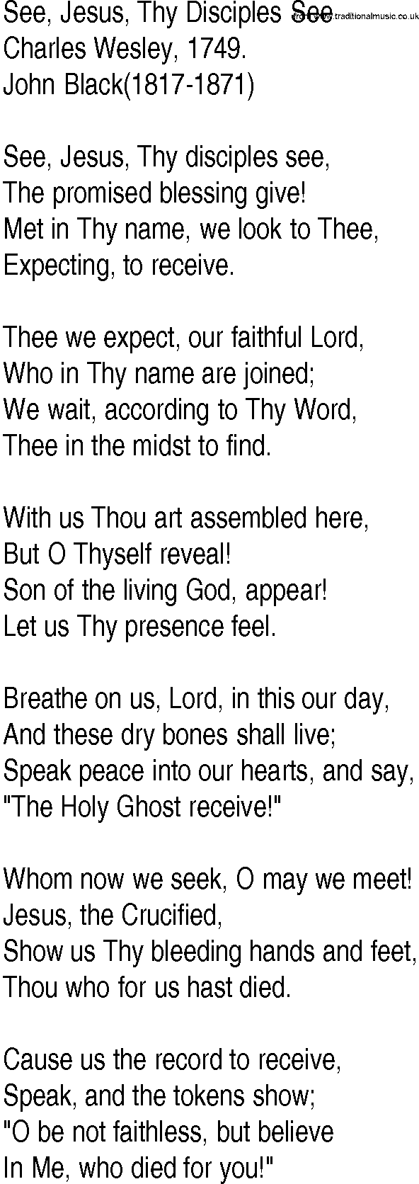 Hymn and Gospel Song: See, Jesus, Thy Disciples See by Charles Wesley lyrics