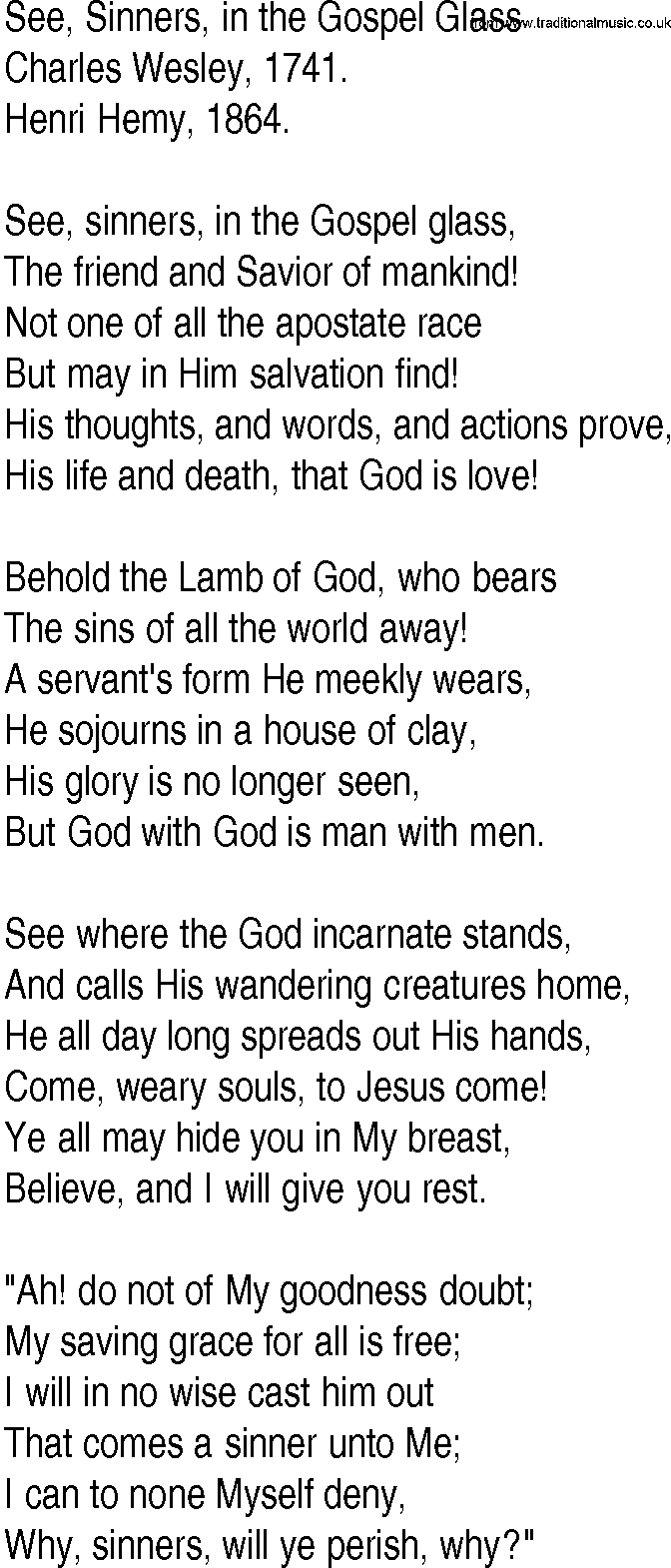Hymn and Gospel Song: See, Sinners, in the Gospel Glass by Charles Wesley lyrics