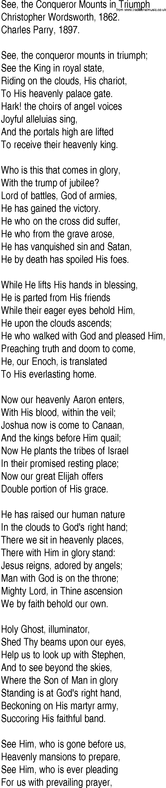 Hymn and Gospel Song: See, the Conqueror Mounts in Triumph by Christopher Wordsworth lyrics
