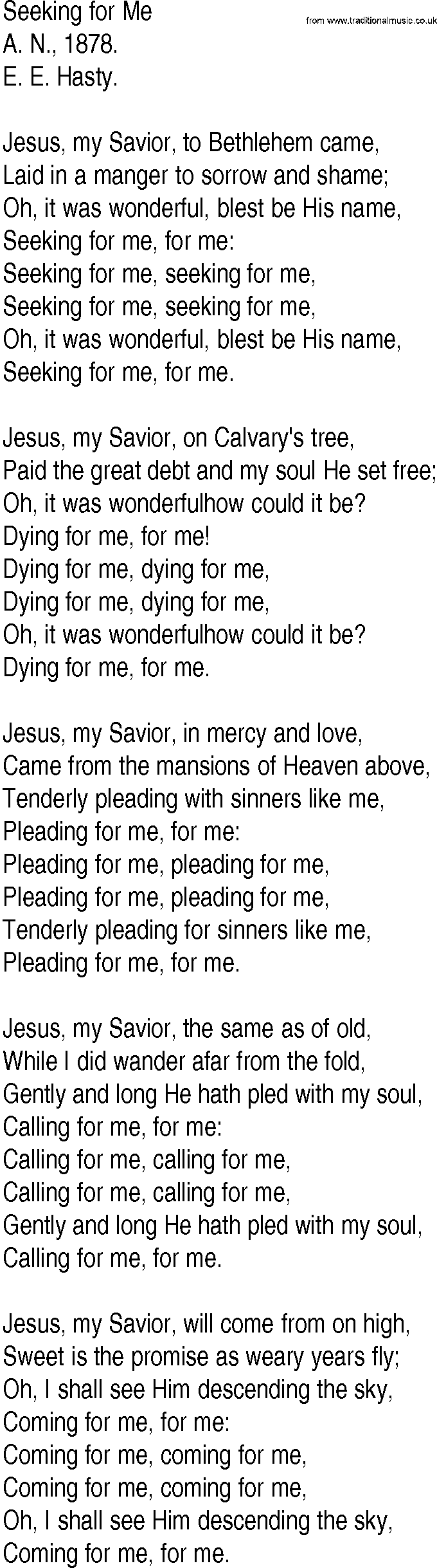 Hymn and Gospel Song: Seeking for Me by A N lyrics