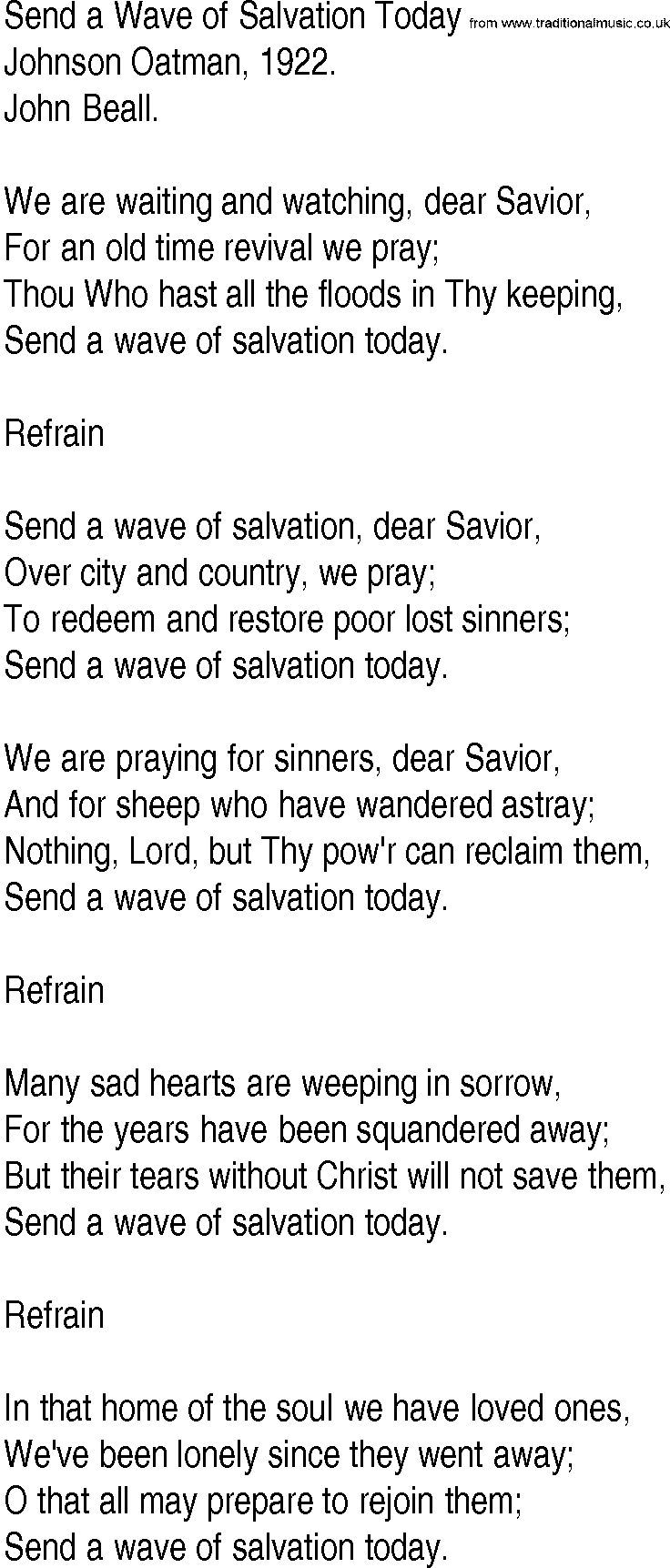 Hymn and Gospel Song: Send a Wave of Salvation Today by Johnson Oatman lyrics