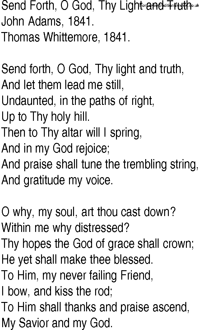Hymn and Gospel Song: Send Forth, O God, Thy Light and Truth by John Adams lyrics