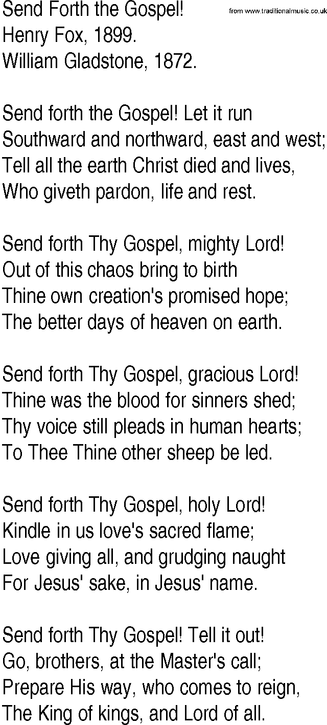 Hymn and Gospel Song: Send Forth the Gospel! by Henry Fox lyrics