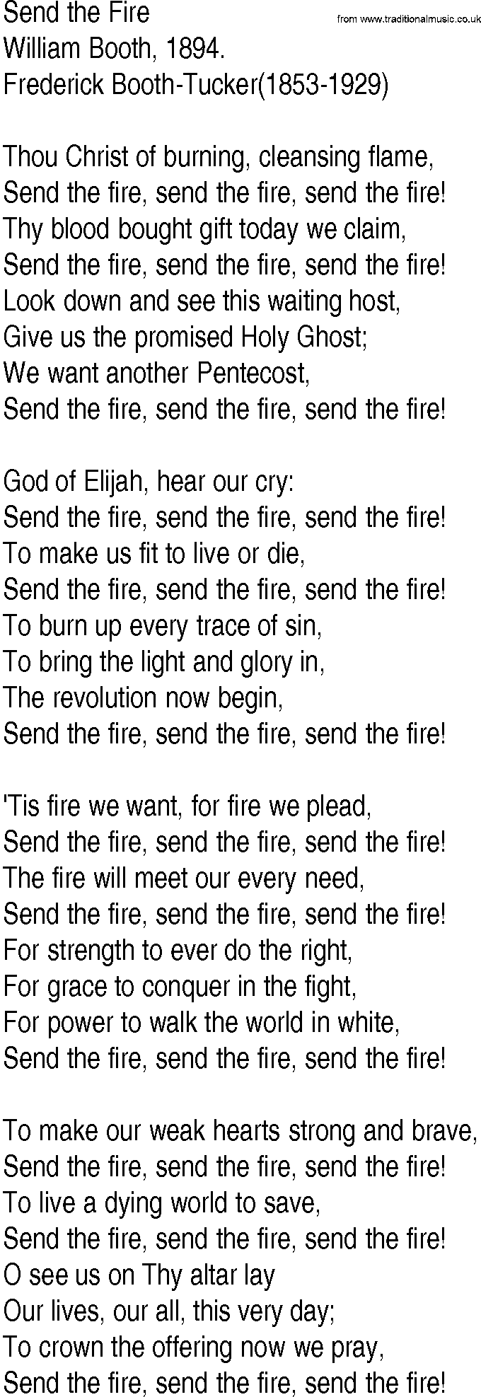 Hymn and Gospel Song: Send the Fire by William Booth lyrics