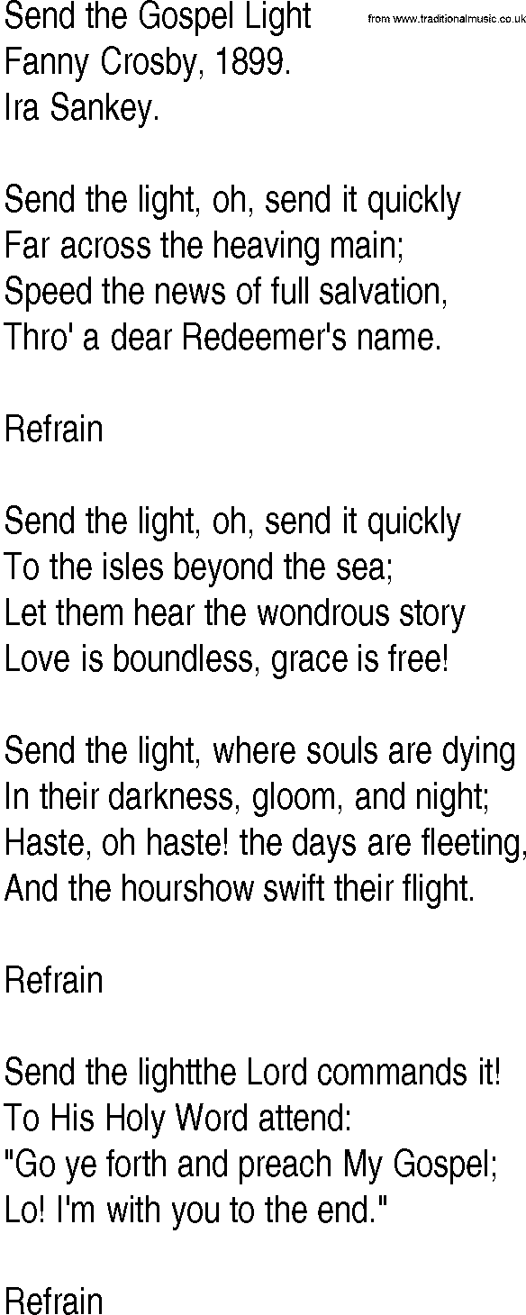 Hymn and Gospel Song: Send the Gospel Light by Fanny Crosby lyrics