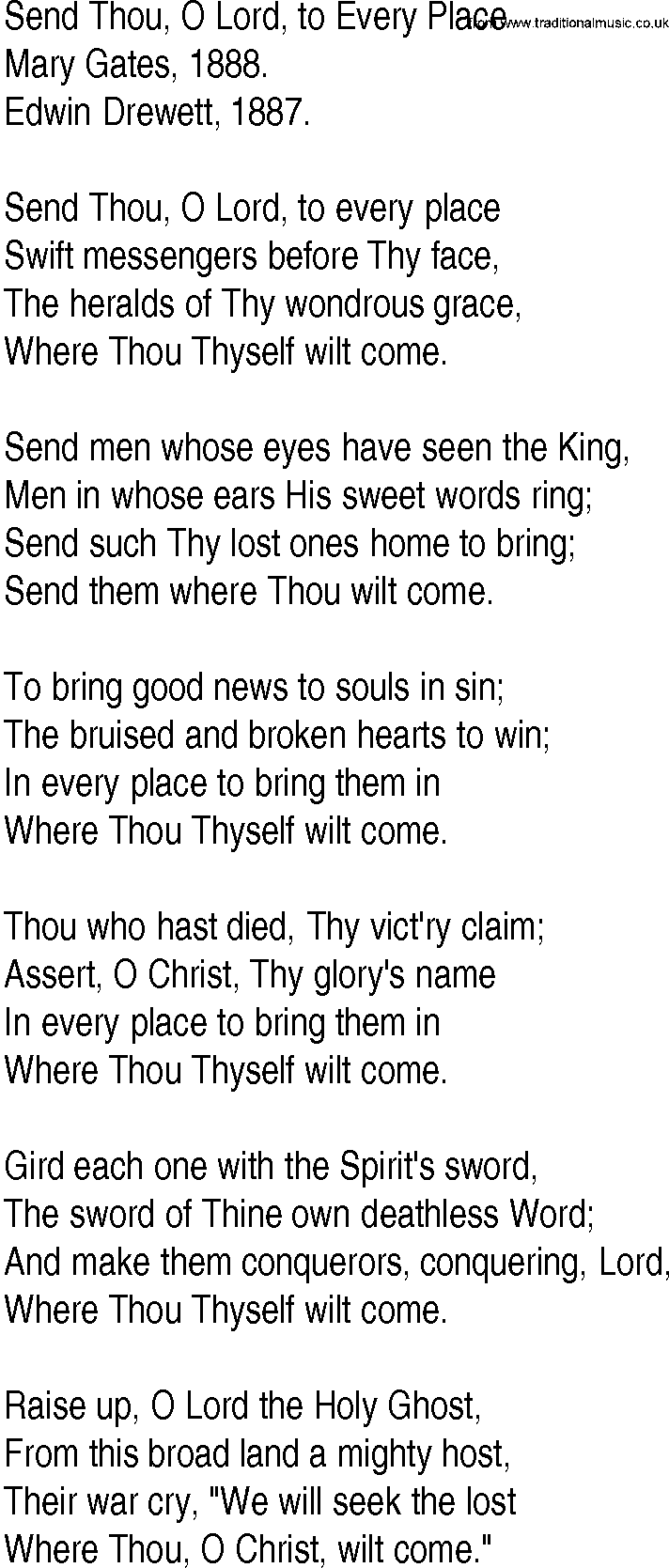 Hymn and Gospel Song: Send Thou, O Lord, to Every Place by Mary Gates lyrics