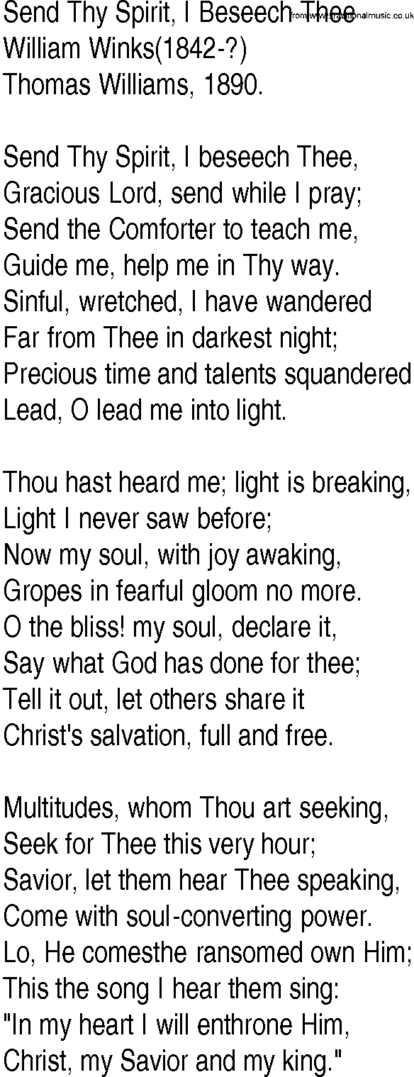 Hymn and Gospel Song: Send Thy Spirit, I Beseech Thee by William Winks lyrics